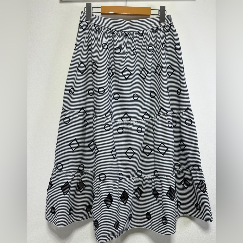 Madewell Navy & White Embroidered Stripe Cotton Midi Skirt A Line Size S
